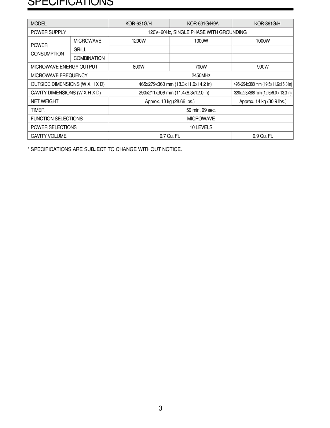 Daewoo KOR-631H0A, KOR-631G0A, KOR-861H0A, KOR-631G9A, KOR-861G0A, KOR-631H9A service manual Specifications 