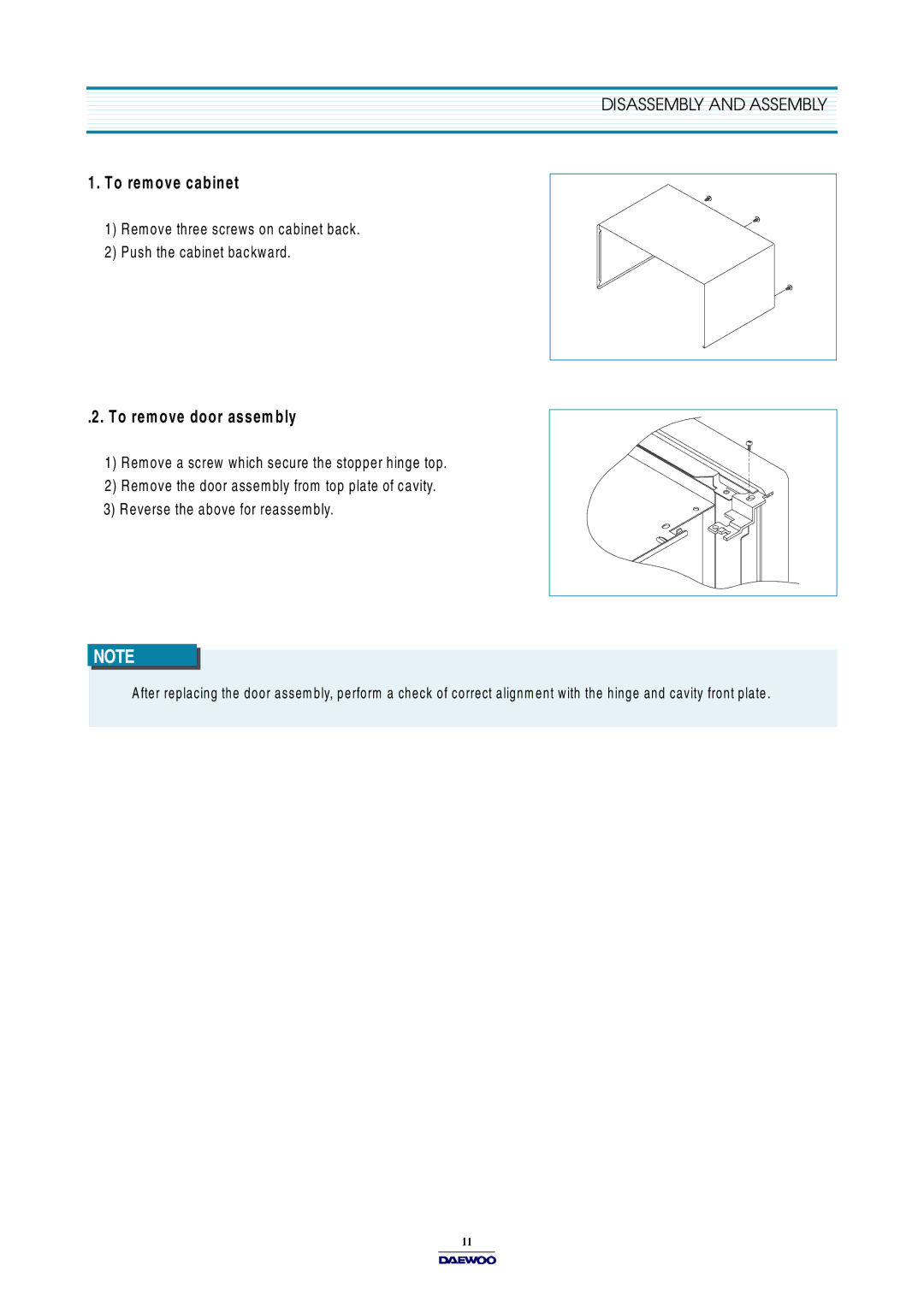 Daewoo KOR-631G0P, KOR-861G0P, KOR-631H0P service manual To rem ove cabinet 