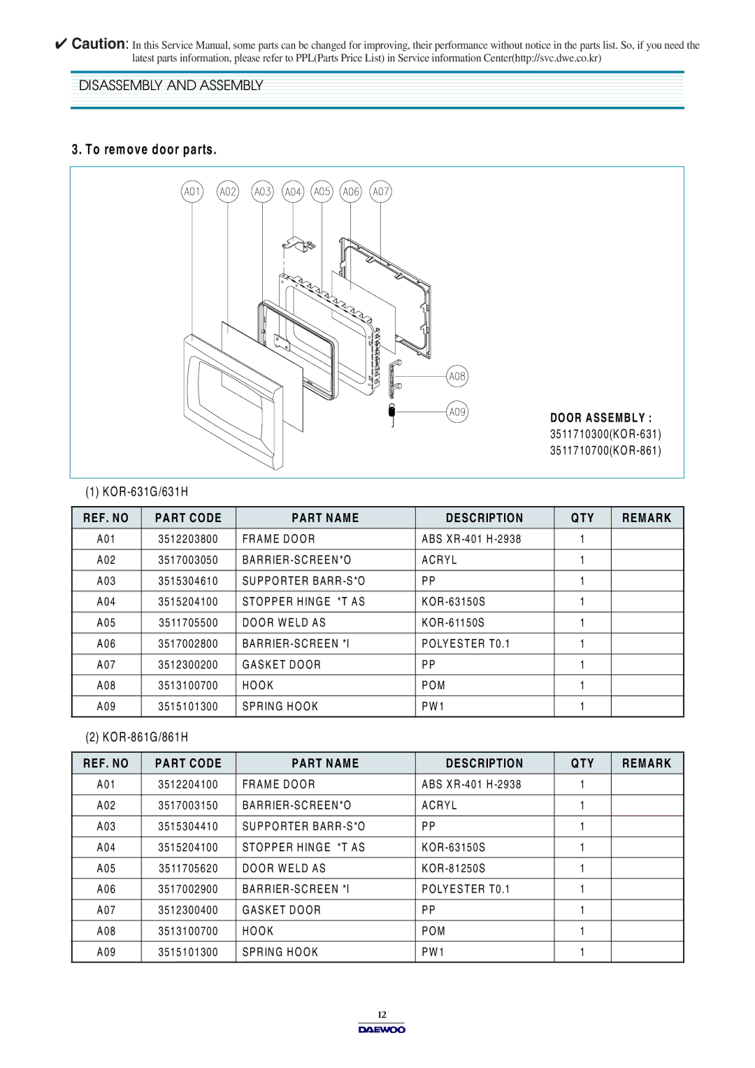 Daewoo KOR-861G0P, KOR-631G0P, KOR-631H0P service manual KOR -631G/631H, KOR -861G/861H 