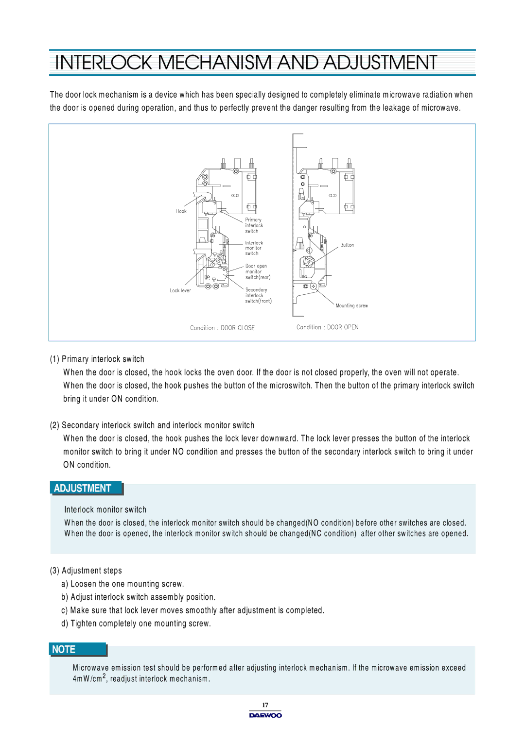 Daewoo KOR-631G0P, KOR-861G0P, KOR-631H0P service manual Interlock Mechanism and Adjustment, Primary interlock switch 