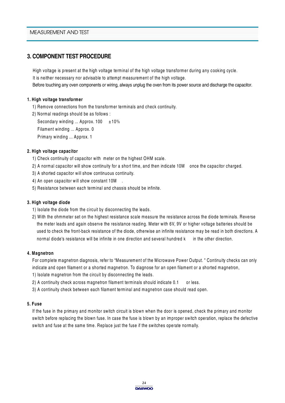 Daewoo KOR-861G0P, KOR-631G0P, KOR-631H0P service manual Component Test Procedure, High voltage transformer 