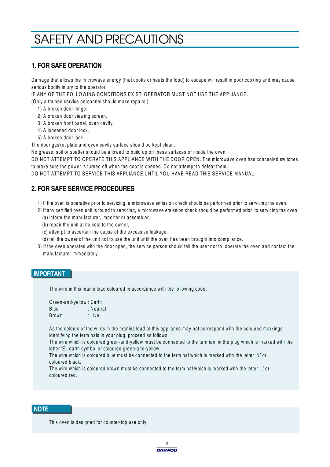 Daewoo KOR-631G0P, KOR-861G0P, KOR-631H0P Safety and Precautions, For Safe Operation, For Safe Service Procedures 