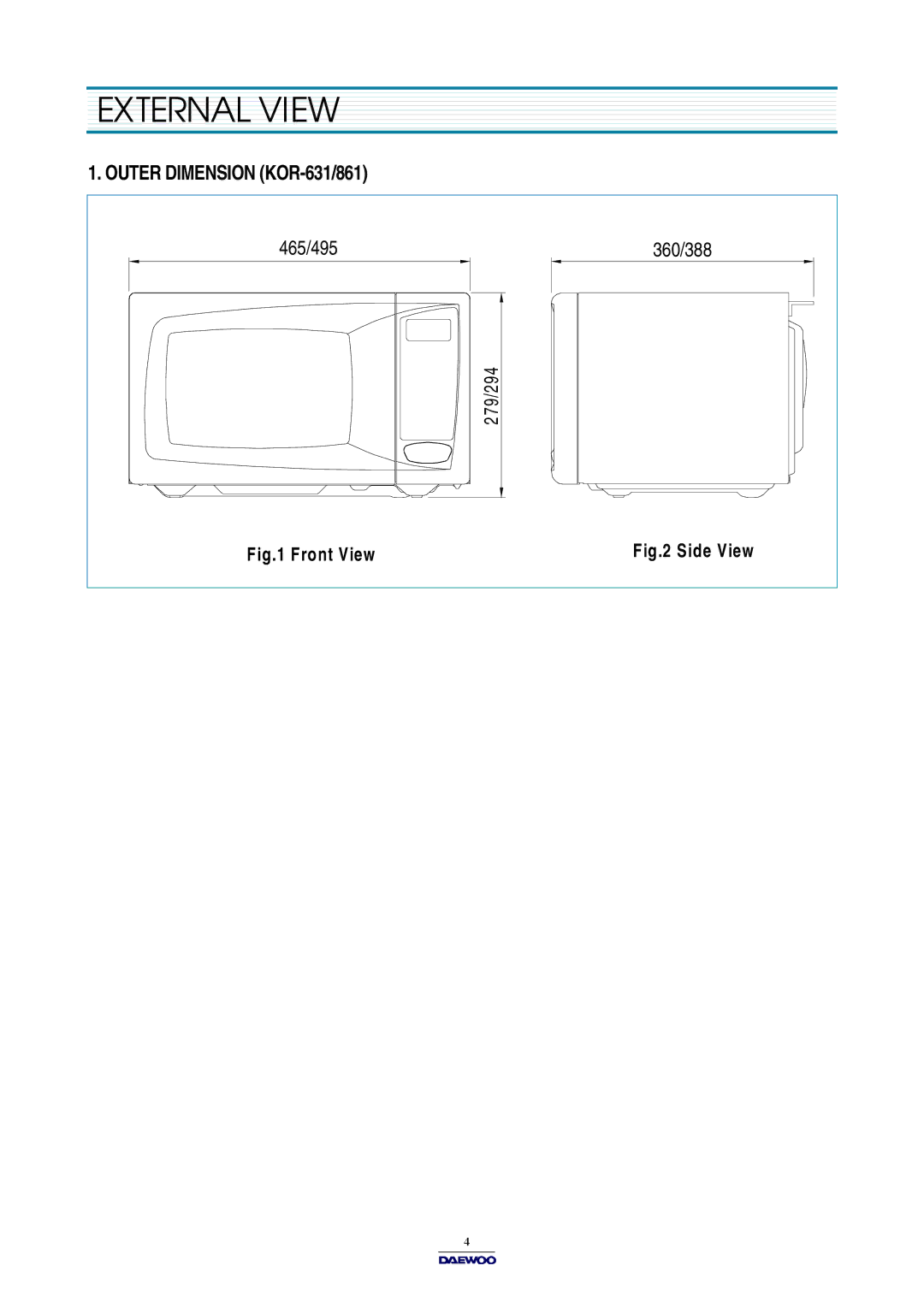 Daewoo KOR-631H0P, KOR-631G0P, KOR-861G0P service manual External View, Outer Dimension KOR-631/861, 79/294 