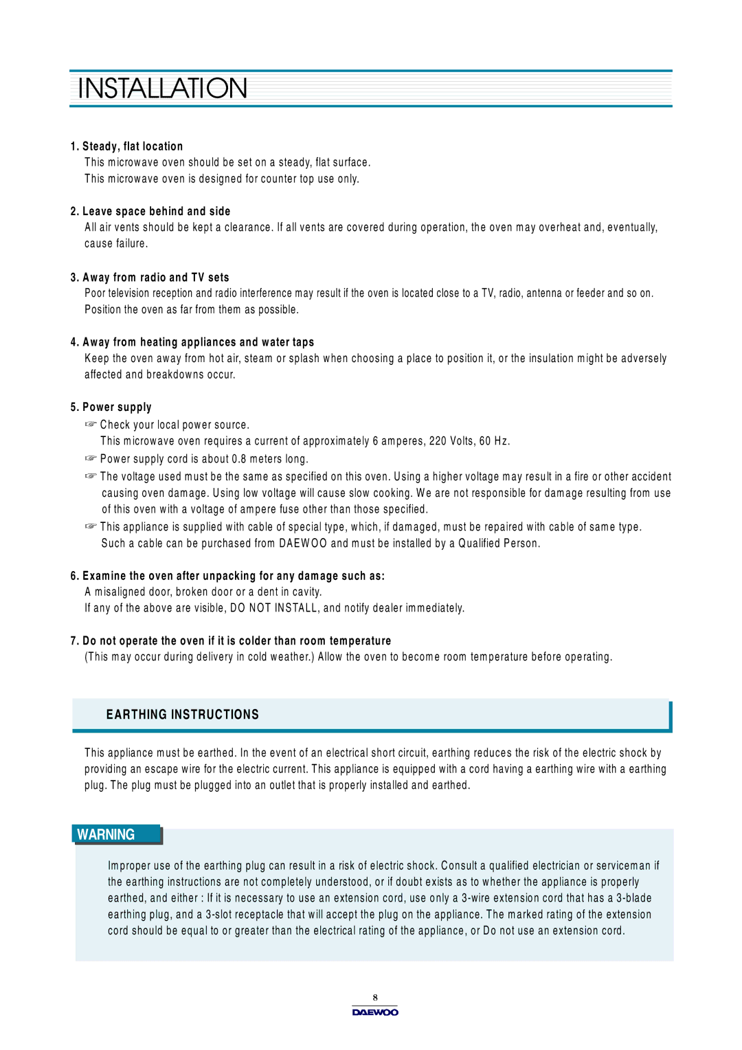 Daewoo KOR-631G0P, KOR-861G0P, KOR-631H0P service manual Installation, Steady, flat location 