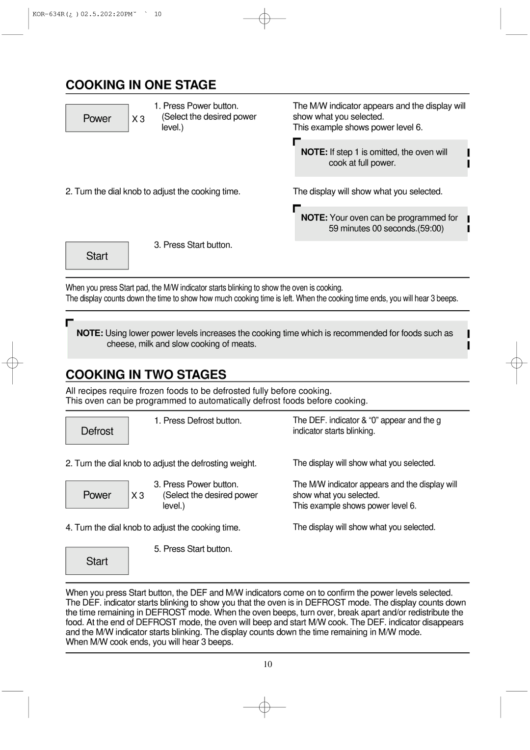 Daewoo KOR-634R operating instructions Cooking in ONE Stage, Cooking in TWO Stages, Power 