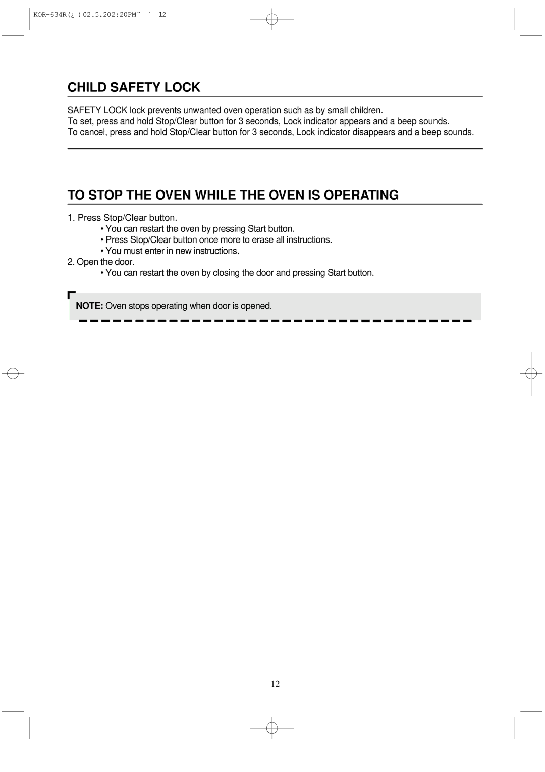 Daewoo KOR-634R operating instructions Child Safety Lock, To Stop the Oven While the Oven is Operating 