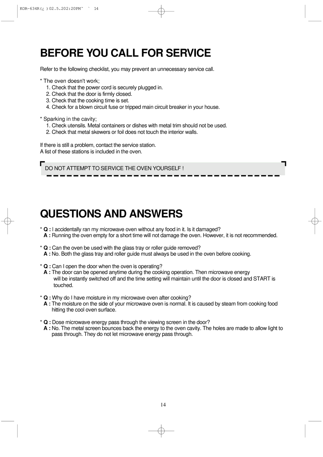 Daewoo KOR-634R operating instructions Before YOU Call for Service, Questions and Answers 