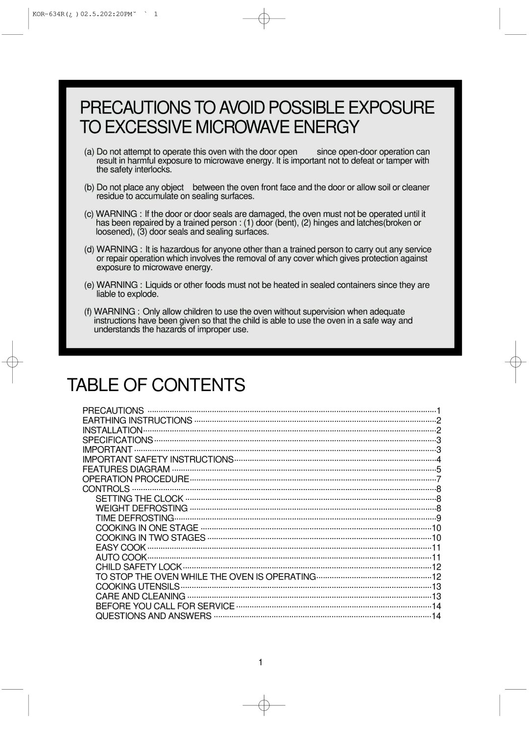 Daewoo KOR-634R operating instructions Table of Contents 