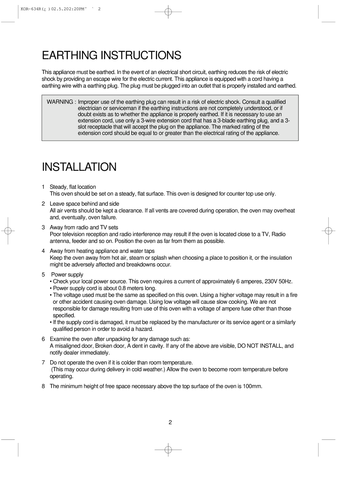 Daewoo KOR-634R operating instructions Earthing Instructions, Installation 