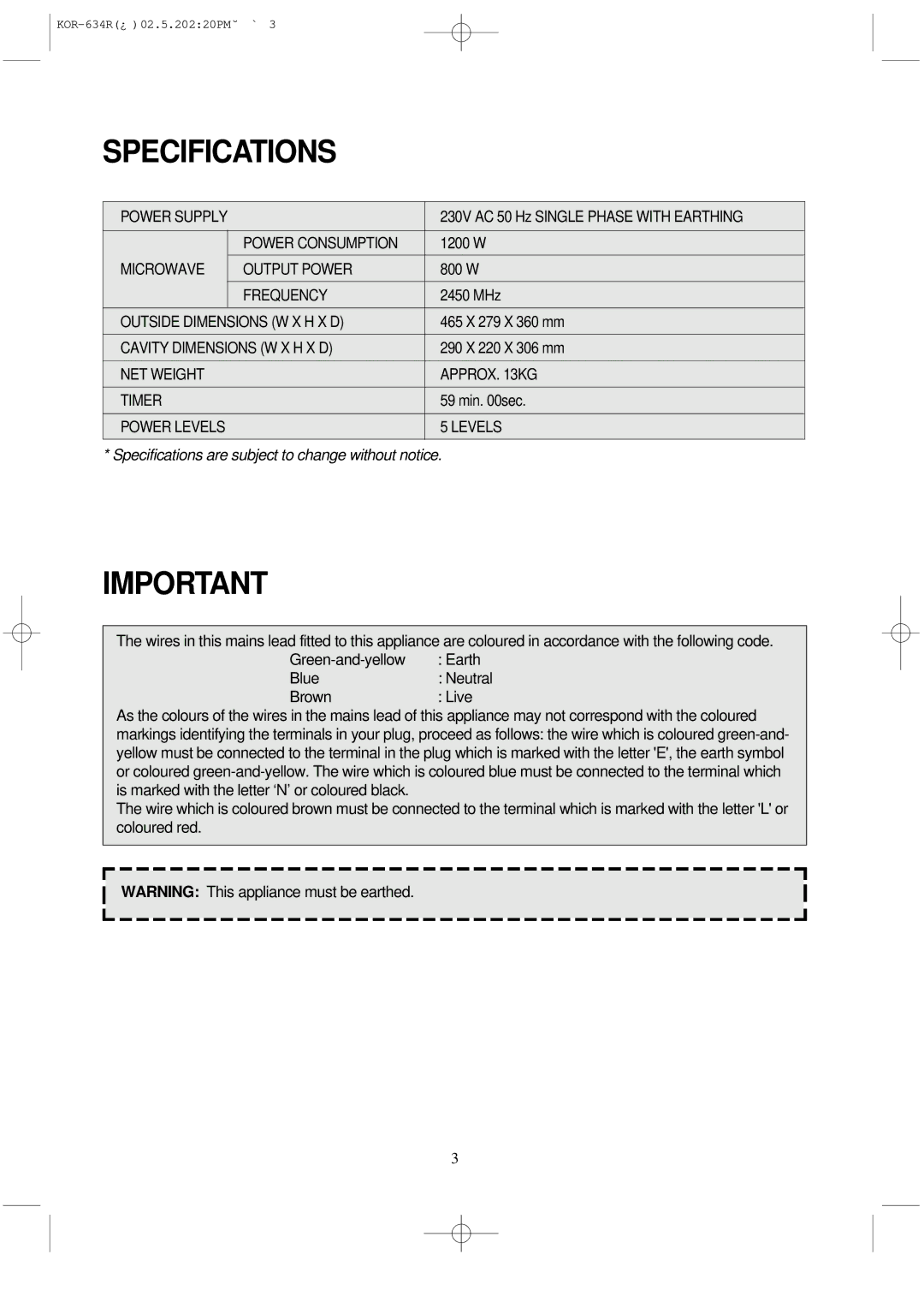 Daewoo KOR-634R operating instructions Specifications are subject to change without notice 