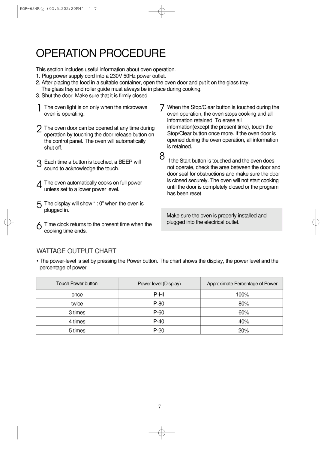 Daewoo KOR-634R operating instructions Operation Procedure, Wattage Output Chart 