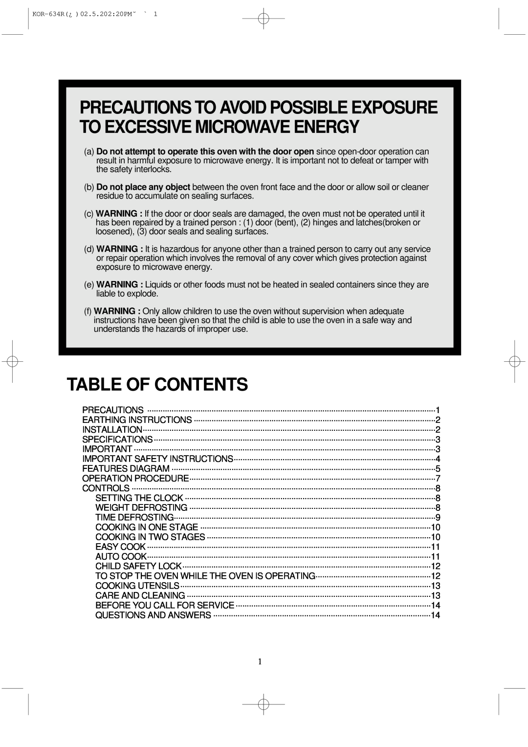 Daewoo KOR-634R operating instructions Table Of Contents 