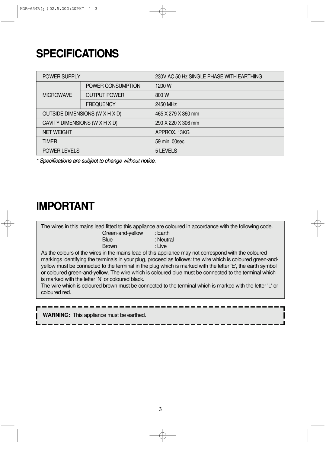 Daewoo KOR-634R operating instructions Specifications 