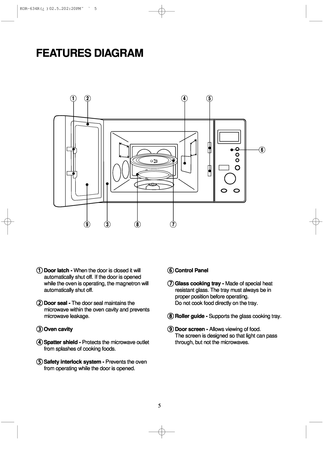 Daewoo KOR-634R operating instructions Features Diagram, 6 9, 3Oven cavity, 6Control Panel 