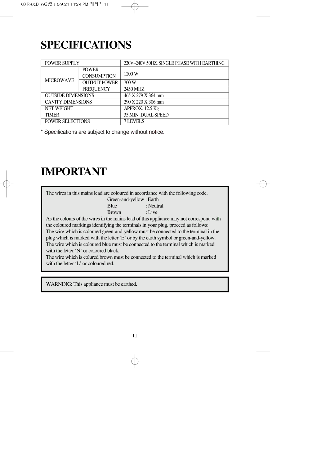 Daewoo KOR-63D79S manual Specifications 