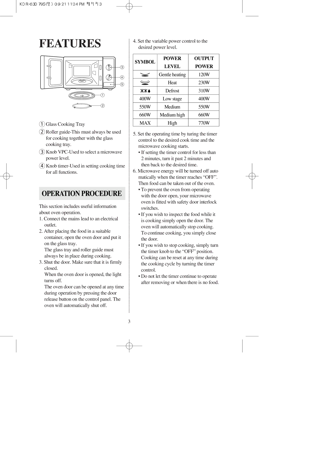 Daewoo KOR-63D79S manual Features, Symbol Power Output Level 