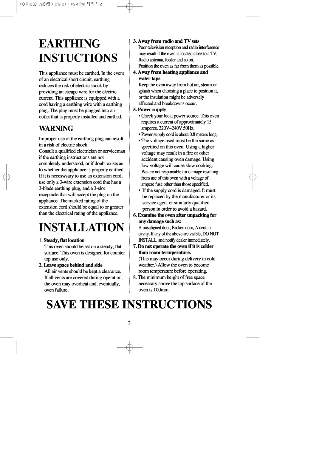 Daewoo KOR-63D79S manual Earthing Instuctions, Installation, Save These Instructions, Steady, flat location, Power supply 