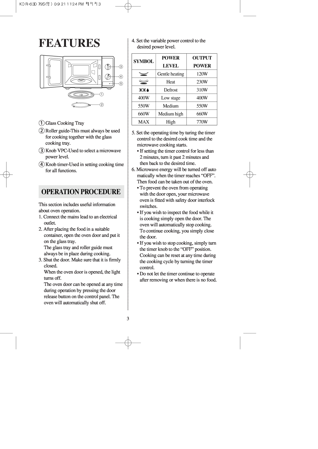 Daewoo KOR-63D79S manual Features, Operation Procedure 