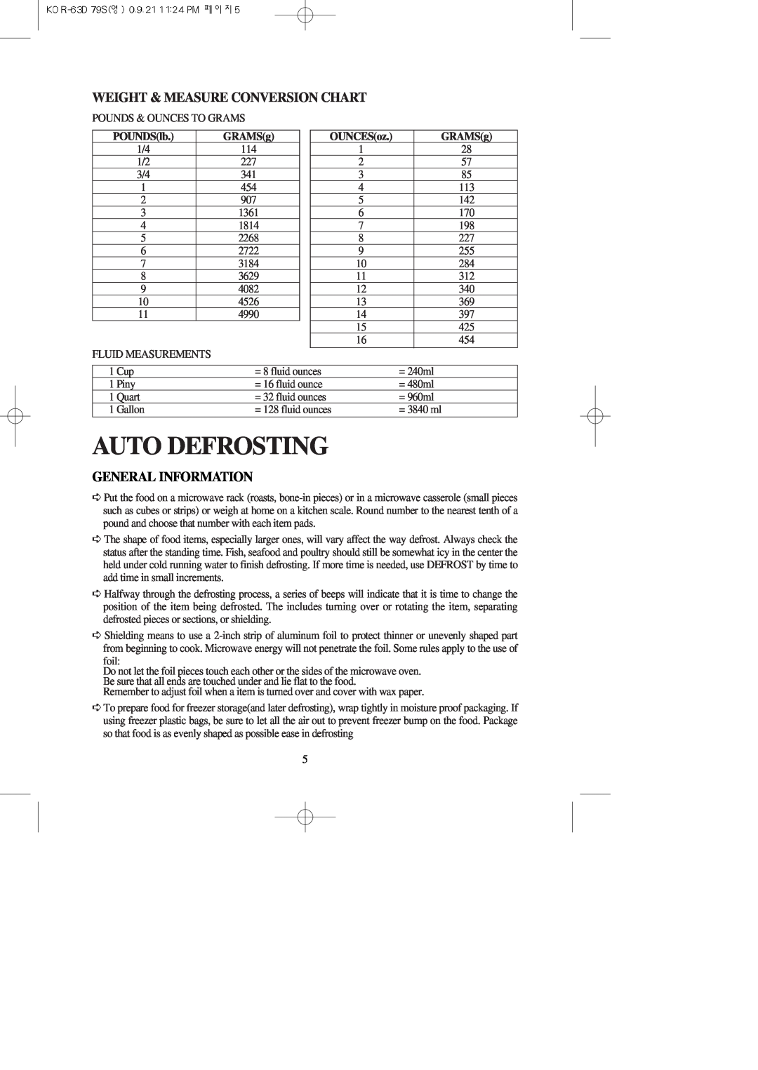 Daewoo KOR-63D79S Auto Defrosting, Weight & Measure Conversion Chart, General Information, POUNDSlb, GRAMSg, OUNCESoz 