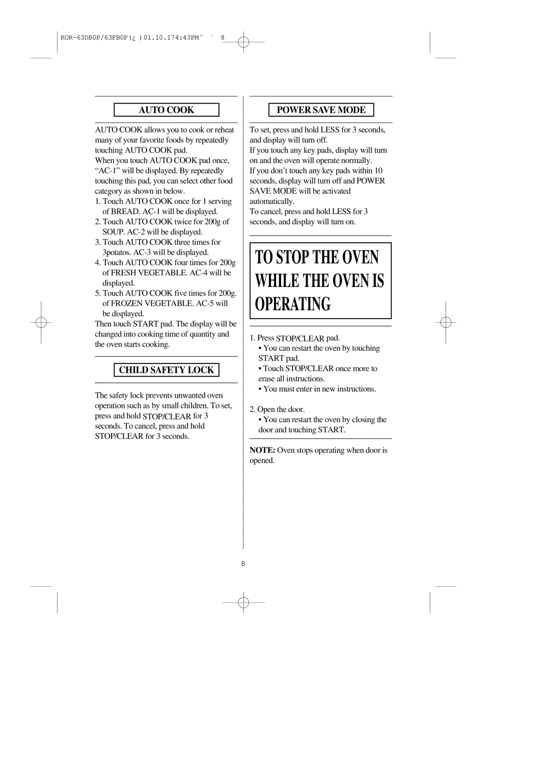 Daewoo KOR-63DB/63FB manual Auto Cook Power Save Mode, Child Safety Lock 