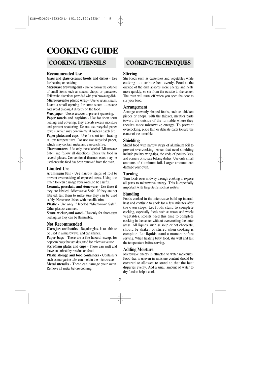 Daewoo KOR-63DB/63FB manual Cooking Guide, Cooking Utensils 