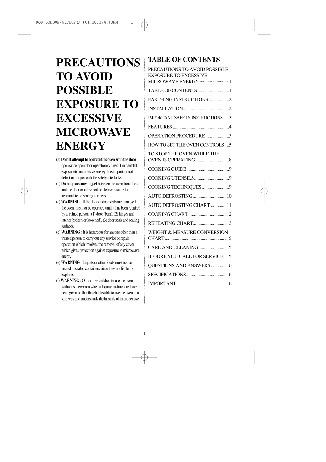 Daewoo KOR-63DB/63FB manual Table of Contents 