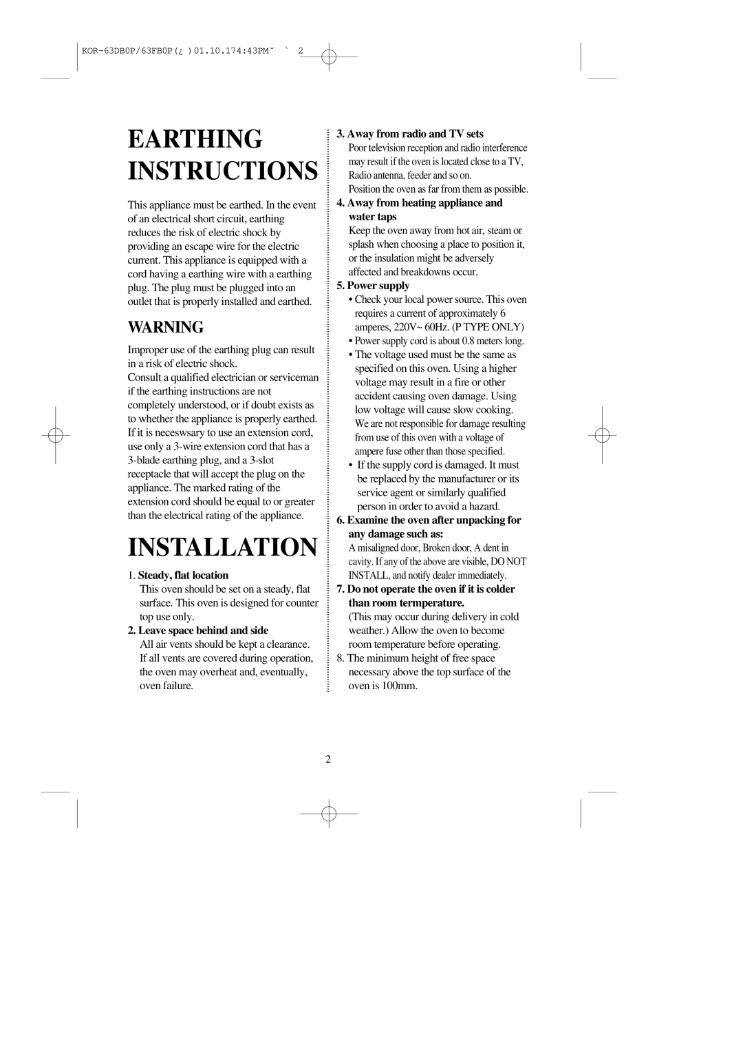 Daewoo KOR-63DB/63FB manual Earthing Instructions, Power supply cord is about 0.8 meters long 