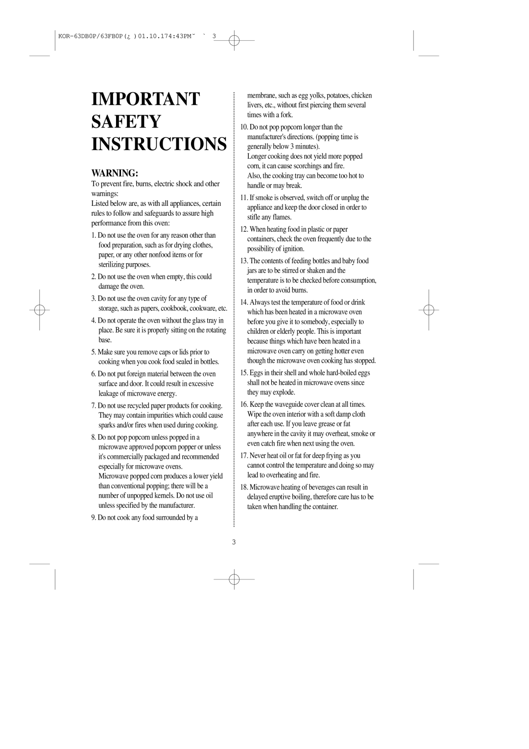 Daewoo KOR-63DB/63FB manual Important Safety Instructions, Do not use the oven when empty, this could damage the oven 