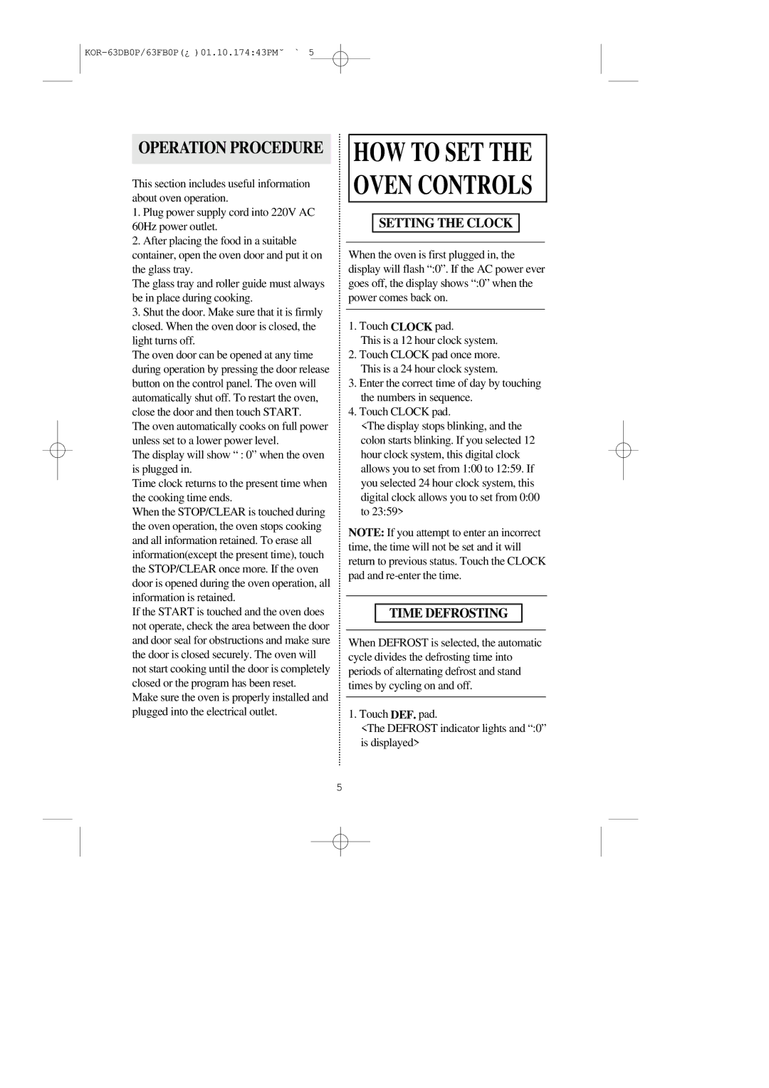 Daewoo KOR-63DB/63FB manual Setting the Clock, Time Defrosting 