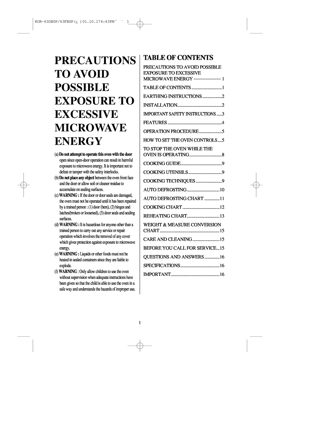 Daewoo KOR-63DB/63FB manual Table Of Contents 