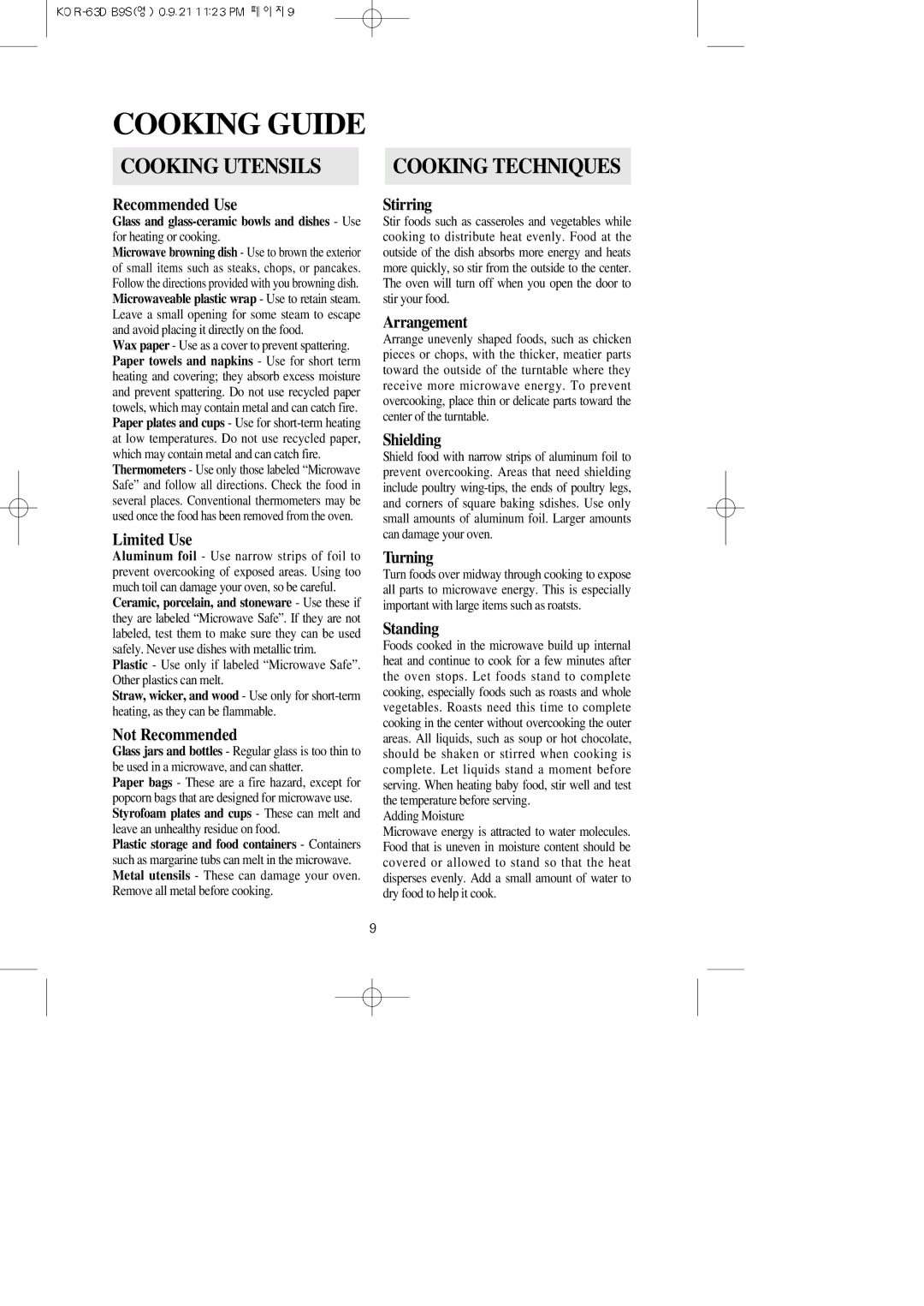 Daewoo KOR-63DB9S manual Cooking Utensils, Cooking Techniques 