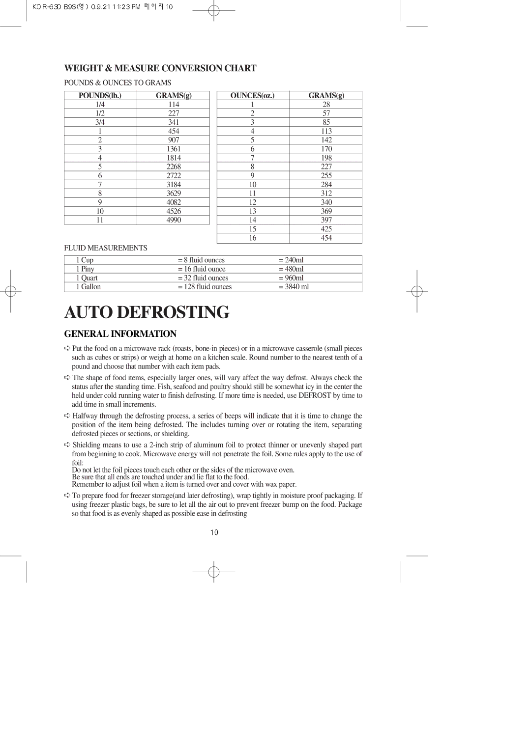 Daewoo KOR-63DB9S manual Weight & Measure Conversion Chart, General Information 