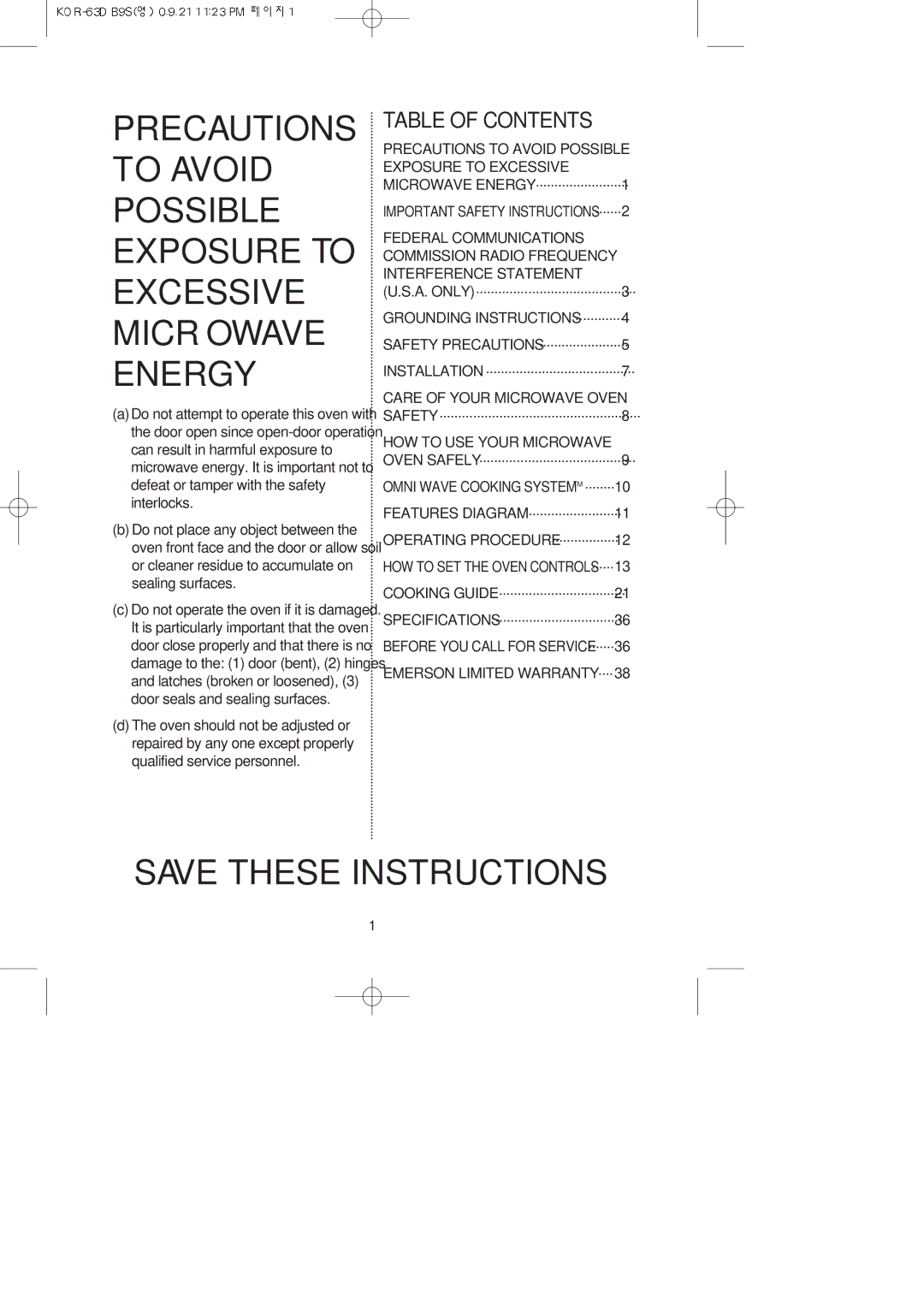 Daewoo KOR-63DB9S manual Table of Contents 