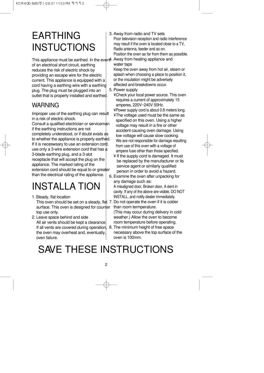 Daewoo KOR-63DB9S manual Position the oven as far from them as possible, Power supply cord is about 0.8 meters long 