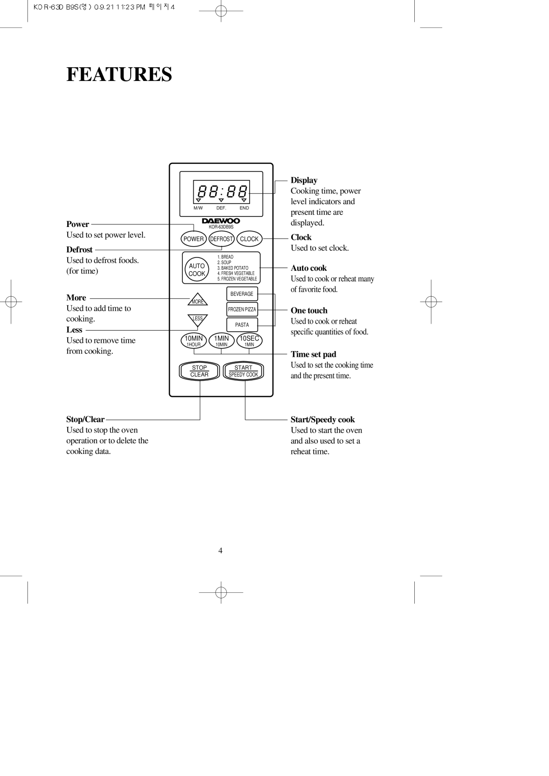 Daewoo KOR-63DB9S Used to set power level, Used to defrost foods. for time, Used to add time to cooking, Used to set clock 