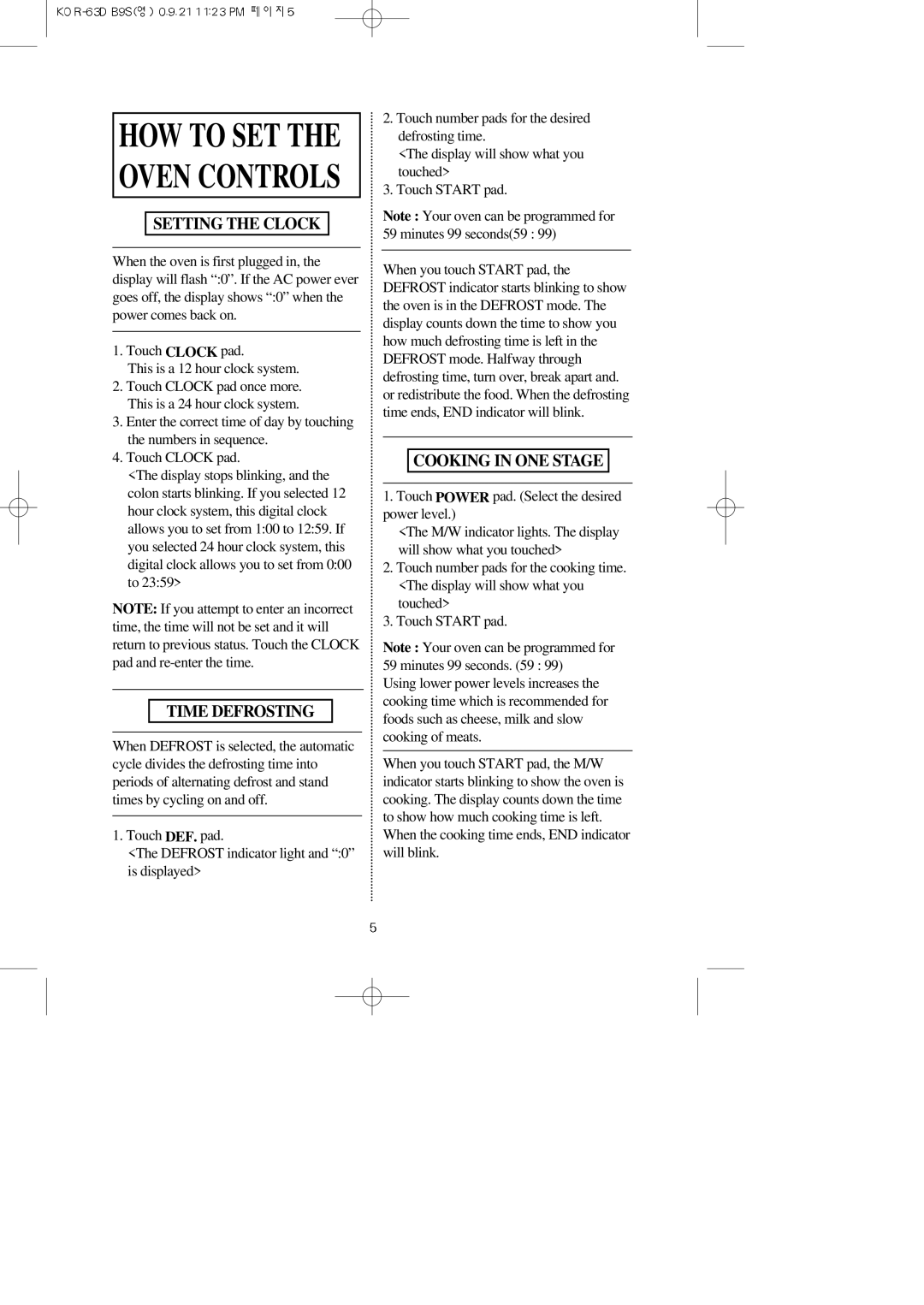 Daewoo KOR-63DB9S manual Setting the Clock, Time Defrosting, Cooking in ONE Stage 