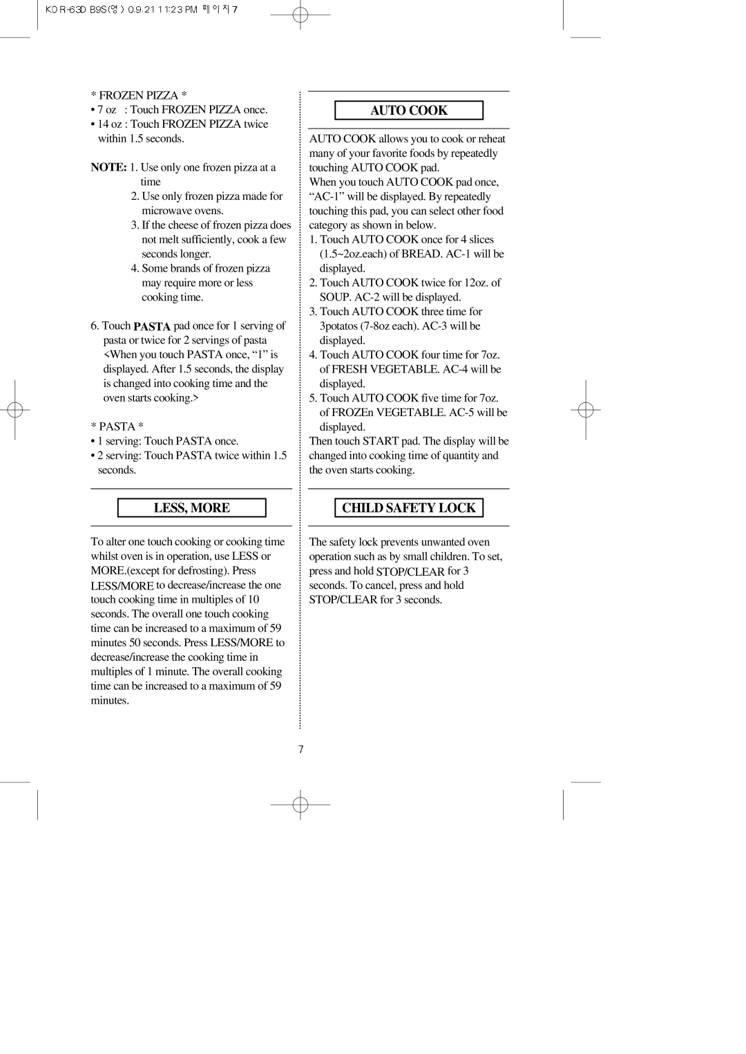 Daewoo KOR-63DB9S manual Auto Cook, LESS, More, Child Safety Lock 