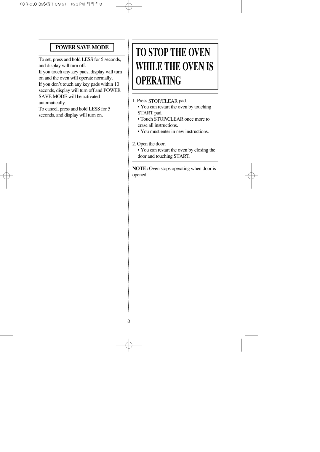 Daewoo KOR-63DB9S manual To Stop the Oven While the Oven is Operating, Power Save Mode 