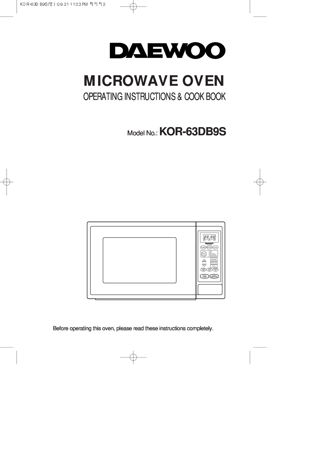 Daewoo manual Microwave Oven, Operating Instructions & Cook Book, Model No. KOR-63DB9S, 10MIN 1MIN 10SEC, Clear 