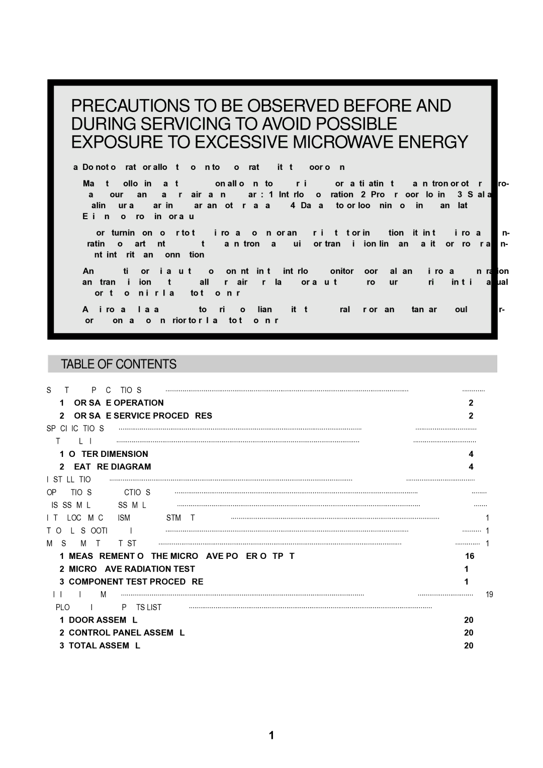 Daewoo KOR-63D70S, KOR-63F70S, KOR-63F79S service manual Table of Contents 