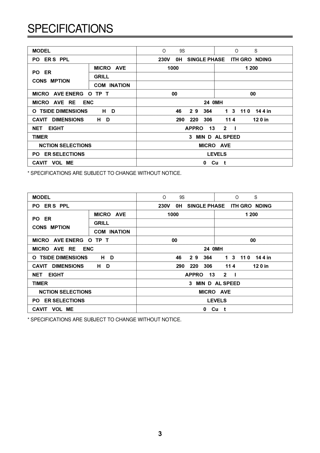 Daewoo service manual Specifications, KOR-63D79S KOR-63D70S, KOR-63F79S KOR-63F70S 