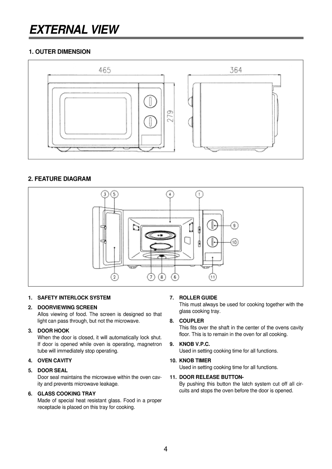 Daewoo KOR-63D70S, KOR-63F70S, KOR-63F79S service manual External View, Outer Dimension Feature Diagram 