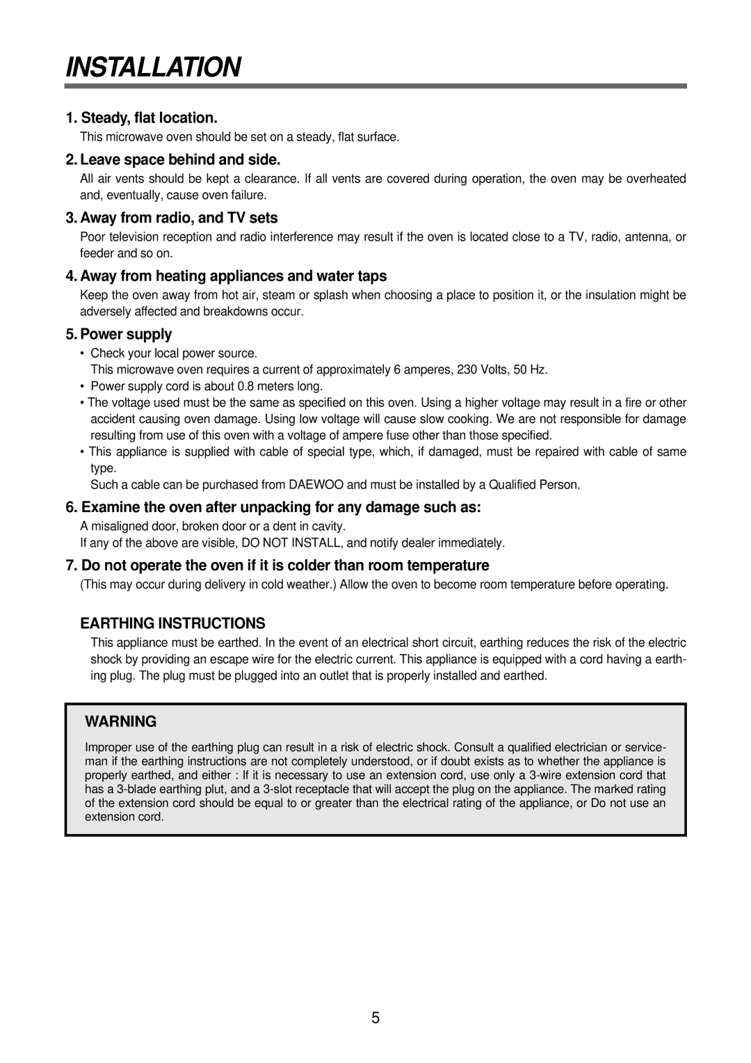 Daewoo KOR-63F70S, KOR-63F79S, KOR-63D70S service manual Installation, Leave space behind and side 