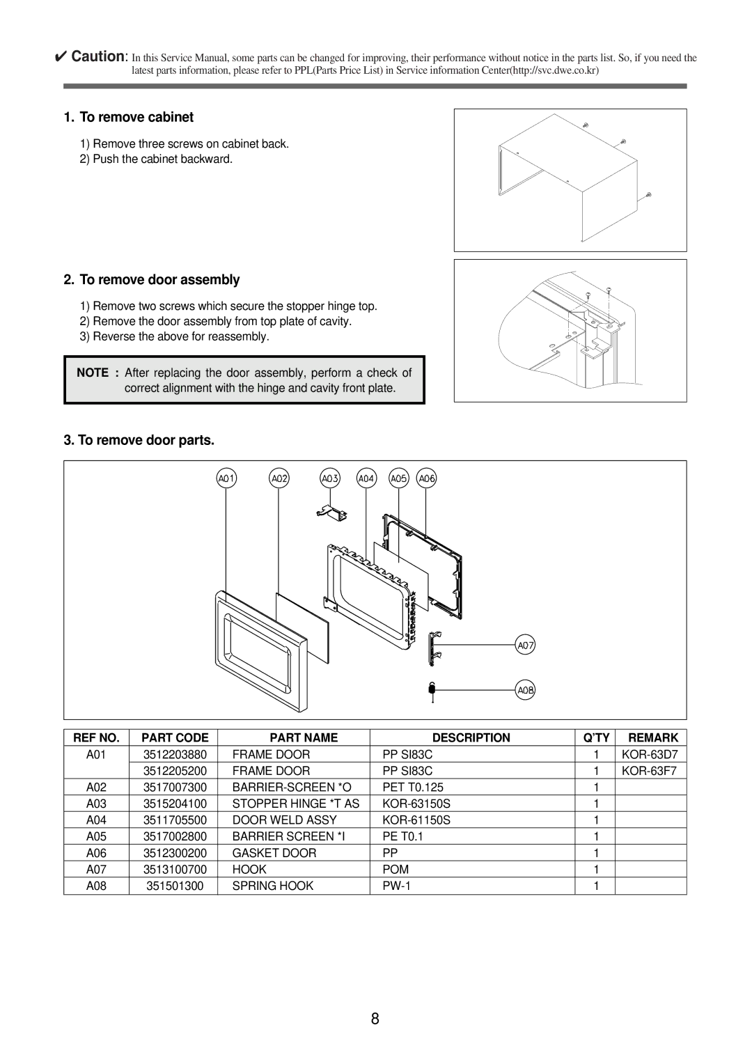 Daewoo KOR-63F70S, KOR-63F79S, KOR-63D70S service manual To remove cabinet, To remove door assembly, To remove door parts 