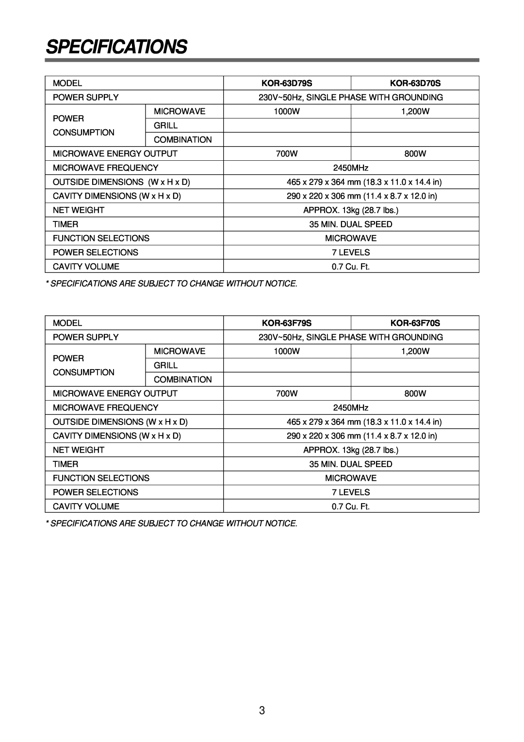 Daewoo KOR-63F79S service manual Specifications, KOR-63D79S, KOR-63D70S, KOR-63F70S 