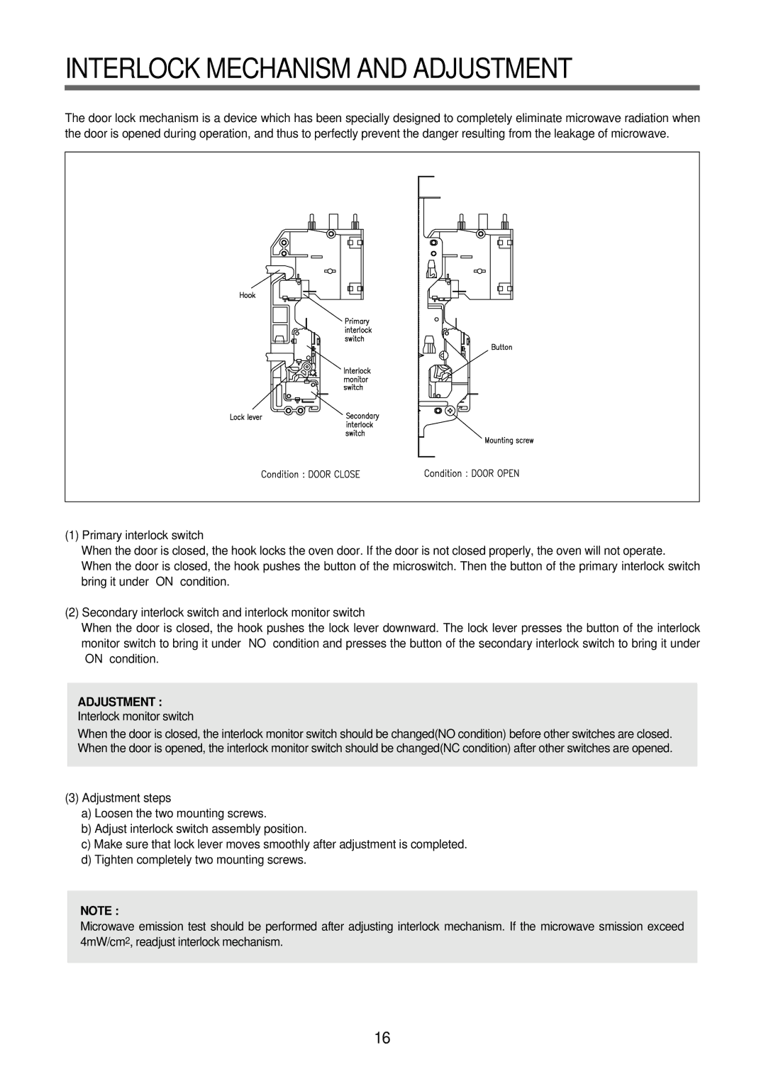 Daewoo KOR-63FB9S, KOR-63FB0S, KOR-63DB9S, KOR-63DB0S service manual Interlock Mechanism and Adjustment 