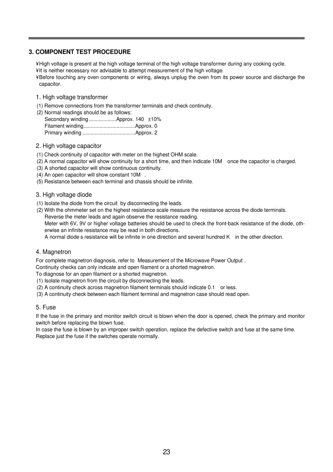 Daewoo KOR-63FB0S, KOR-63FB9S, KOR-63DB9S, KOR-63DB0S service manual Component Test Procedure, High voltage transformer 