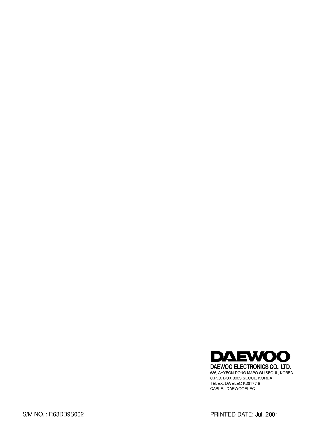 Daewoo KOR-63DB9S, KOR-63FB0S, KOR-63FB9S, KOR-63DB0S service manual NO. R63DB9S002 