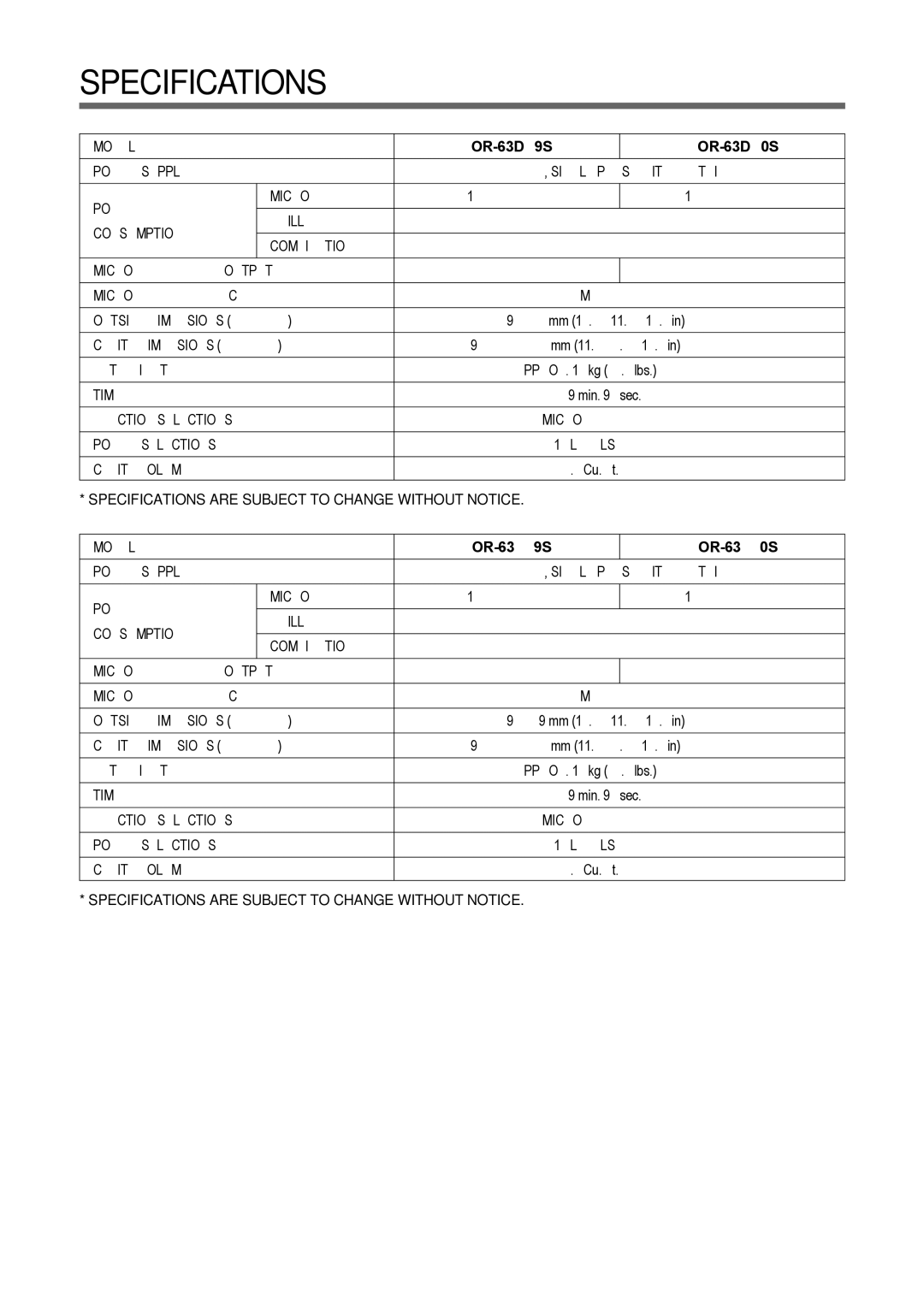 Daewoo service manual Specifications, KOR-63DB9S KOR-63DB0S, KOR-63FB9S KOR-63FB0S 