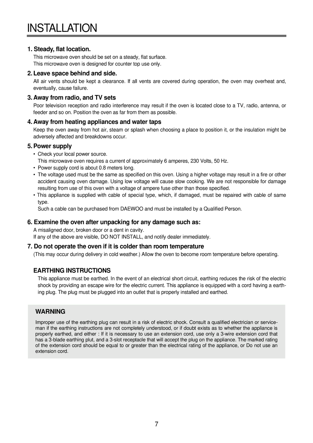 Daewoo KOR-63FB0S, KOR-63FB9S, KOR-63DB9S, KOR-63DB0S service manual Installation, Steady, flat location 